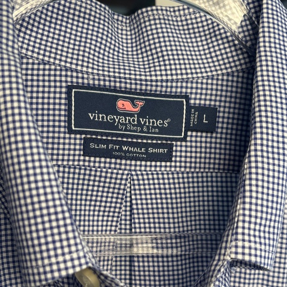 Vineyard Vines Navy and White Check Men's Shirt LARGE S lim Fit 100% Cotton - Picture 1 of 8